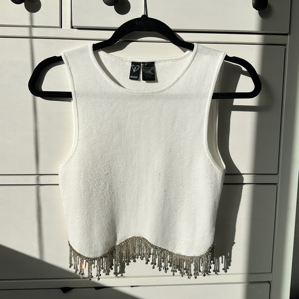 Windsor White Sleeveless Top with Diamond Fringe Detail